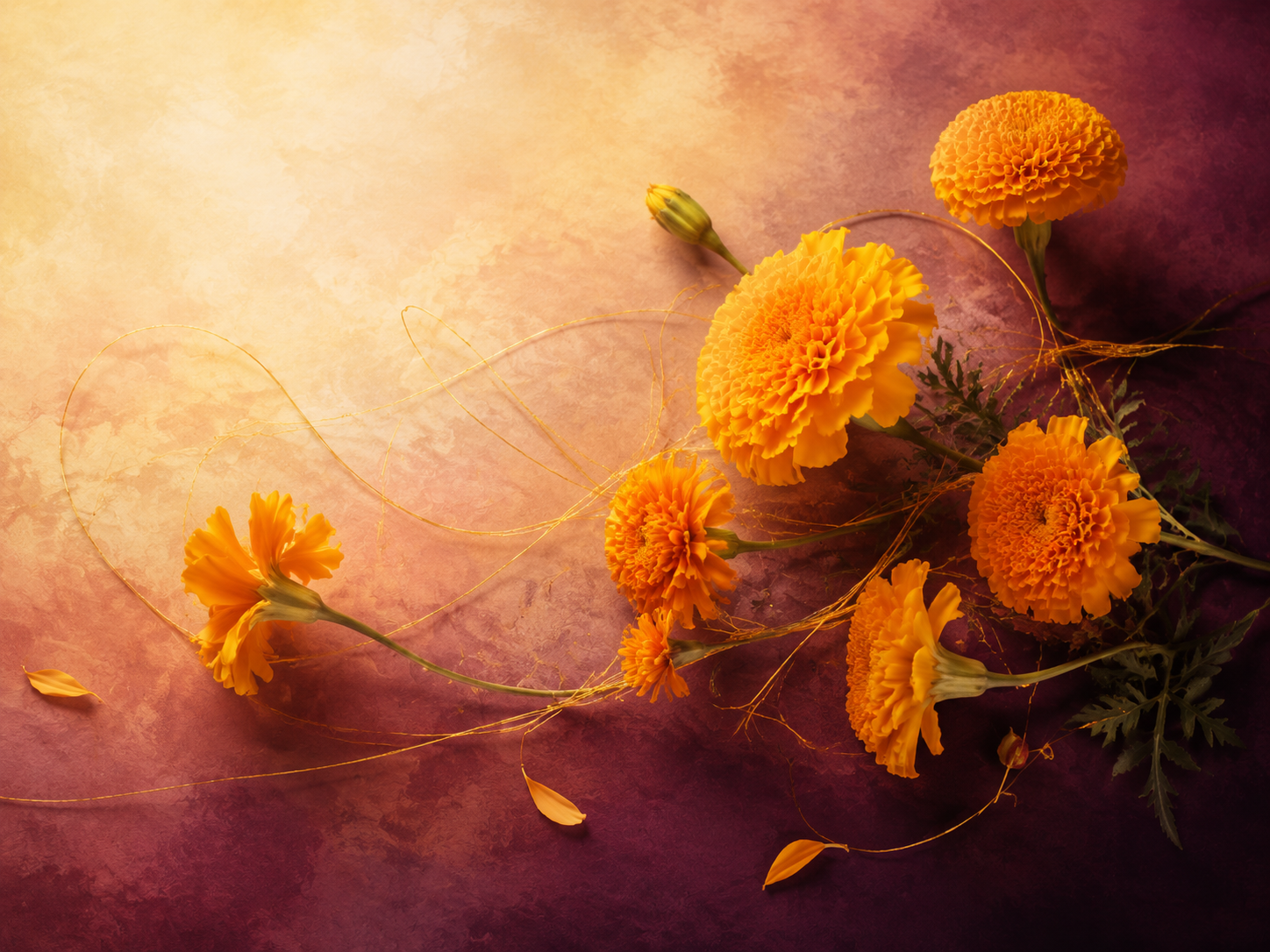 Golden marigolds glowing against a warm plum background